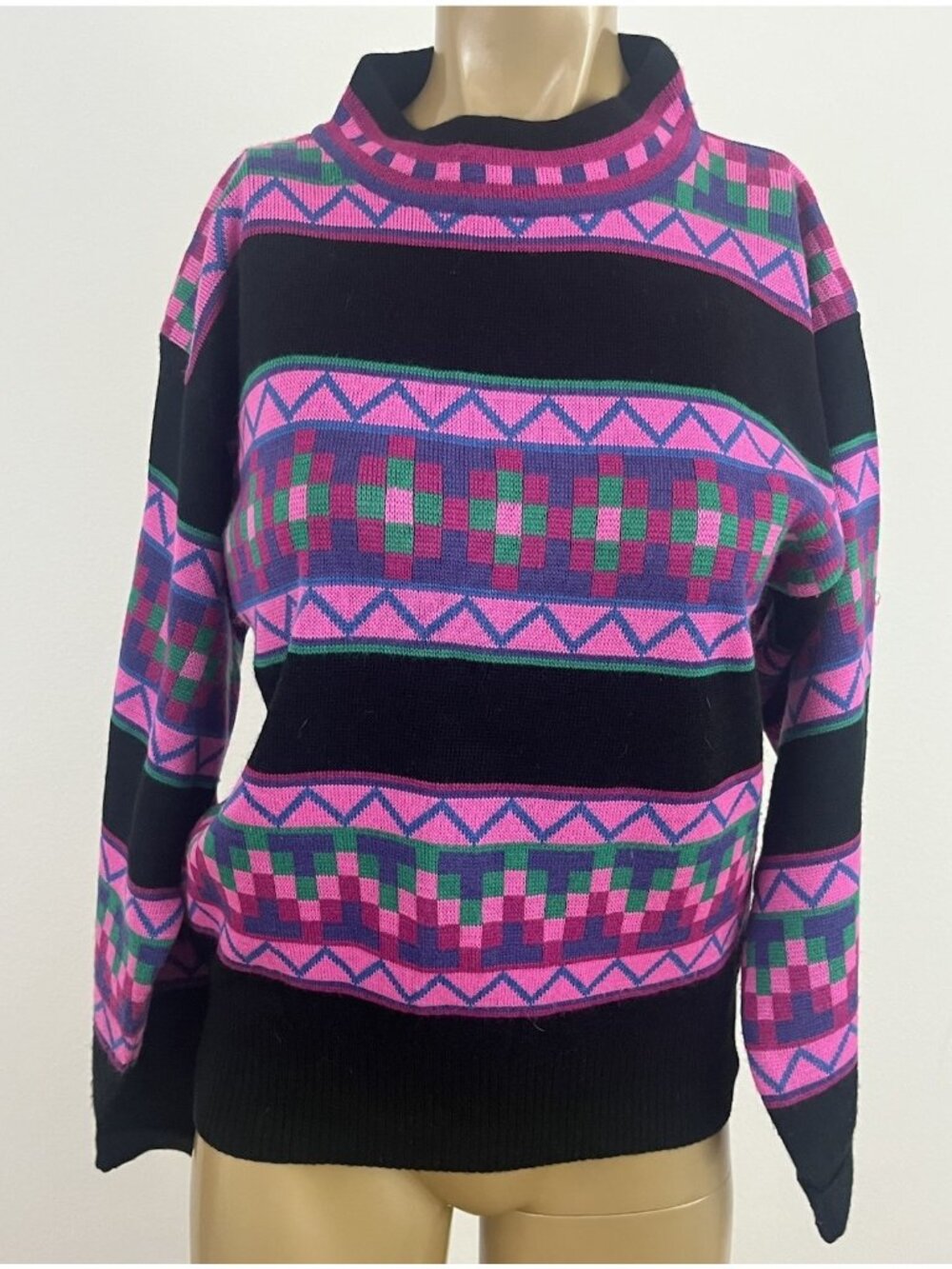 Vintage Serac Women's M Wool Blend Ski Sweater Geometric Purple Black